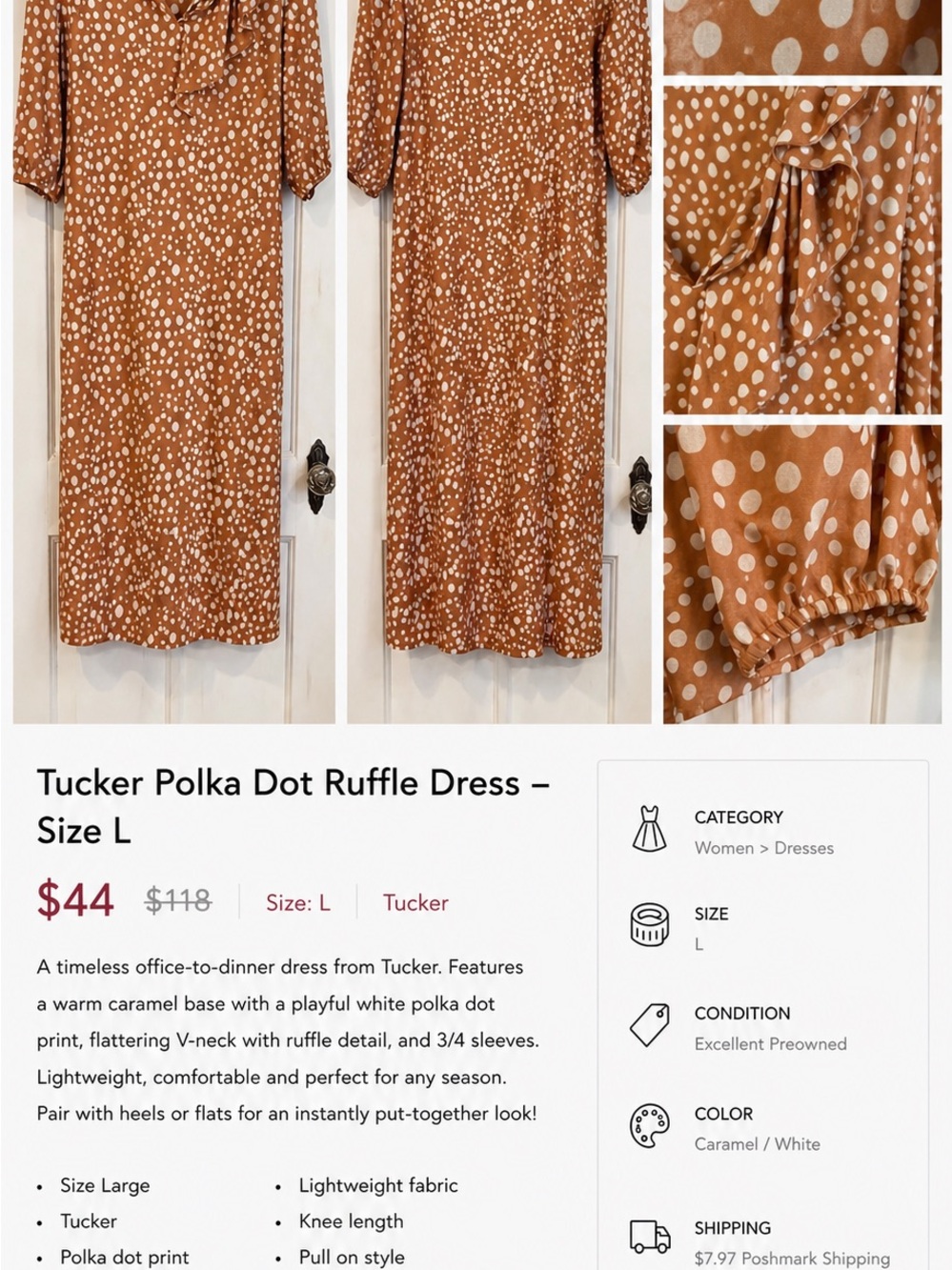 Tucker Caramel with White Polka Dot Ruffle Midi Dress